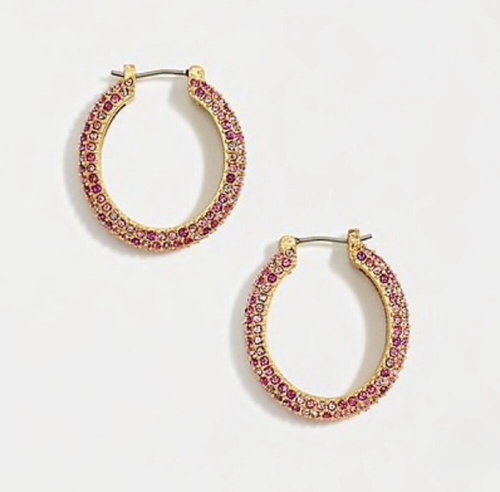 J. Crew Rounded Pave Hoop Earrings Bright Berry Rhinestone Gold Pink